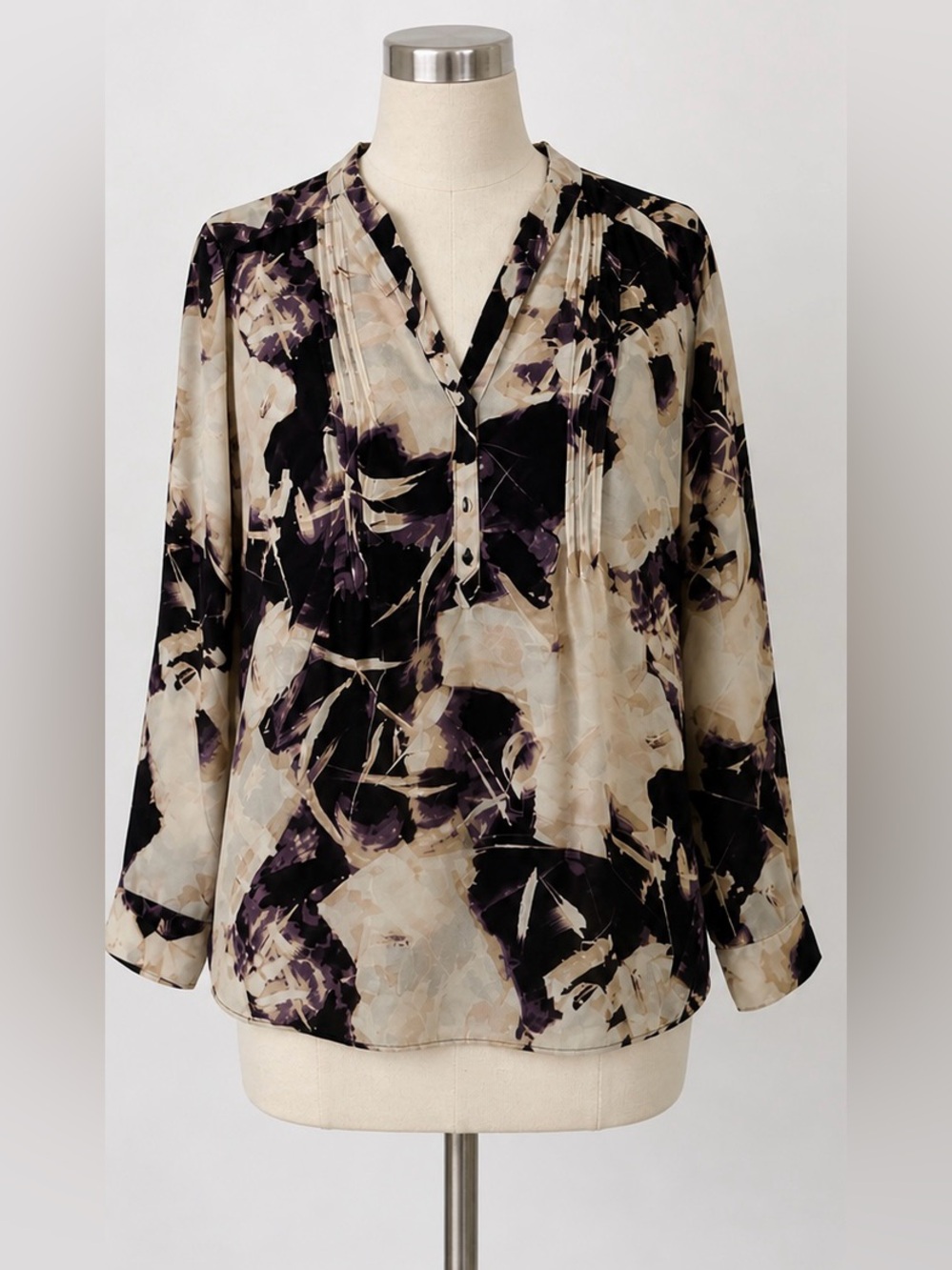 Simply Vera Wang Blouse XL Abstract Floral Sheer Long Sleeve Top Neutral Purple